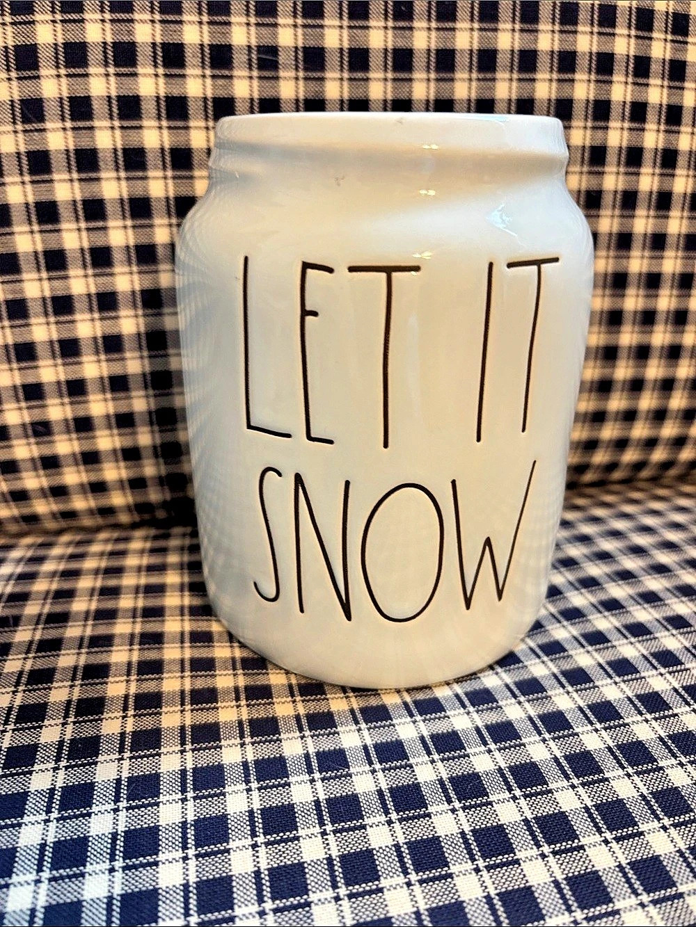 Rae Dunn Let It Snow Canister light blue with Black letters